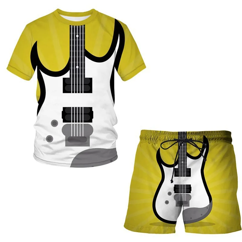 thumbnail image 1 of Conjunto de pantalones cortos de manga corta con estampado 3D y patrón de guitarra musical personalizado Conjunto holgado de 2 piezas para hombre, 1 of 4