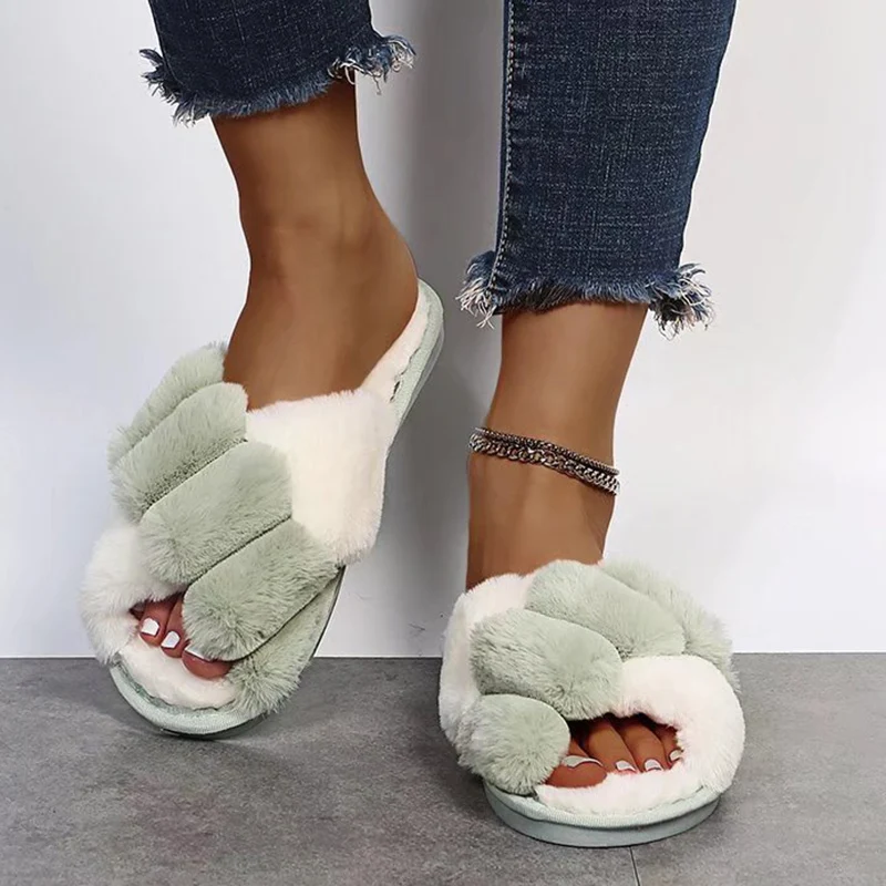 Fashion Mixed Color Plush Slippers Women Autumn Winter Cross Band Flats Slippers Woman Open Toe Fluffy Furry Slides Shoes Female