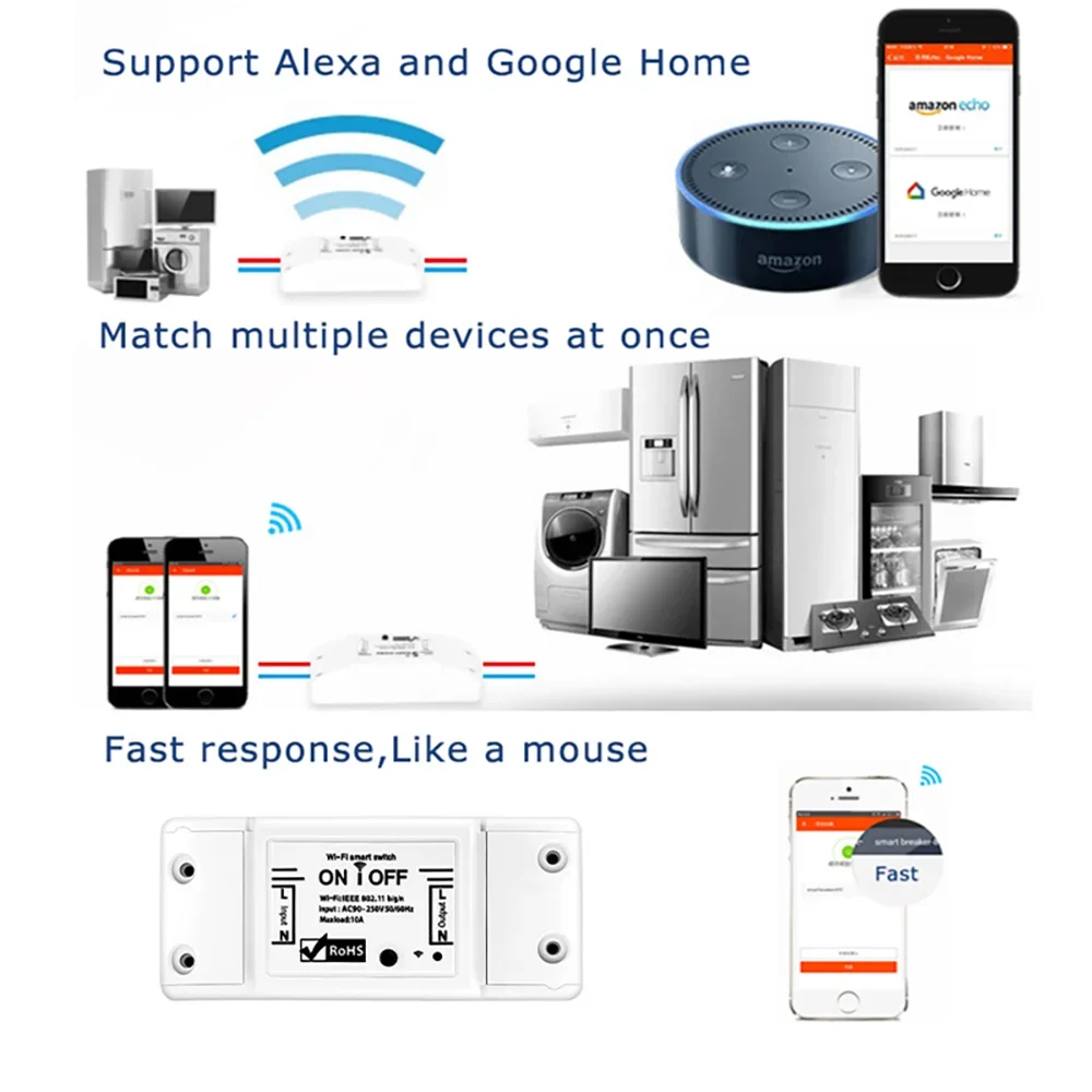 10A WiFi Smart Relay Switch Wireless Remote Control Timing Function Compatible with Alexa Google Home Ewelink Tuya