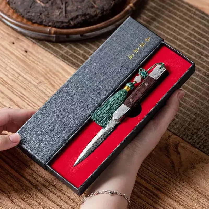 Zen Tea Knife Handmade Tea Needle Black Sandalwood Damascus Pattern Steel Puer Knife Set Accessories