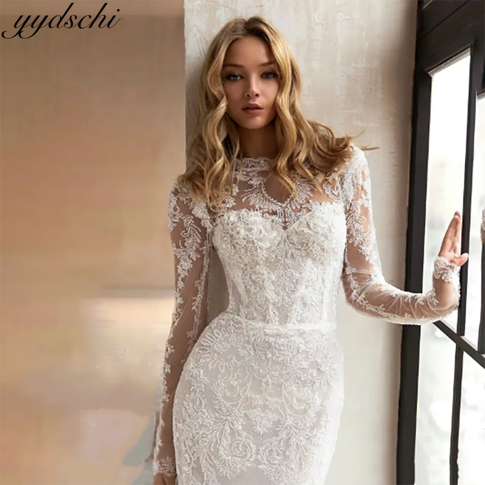 

Charming Lace Appliques Chiffon Mermaid Wedding Dresses 2024 Backless Floor Length With Sweep Train Tulle Bridal Gown For Women