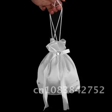

Home Decoration Wedding Bridal Flower Girl Drawstring Dolly Bag Crystal White Satin Handbag