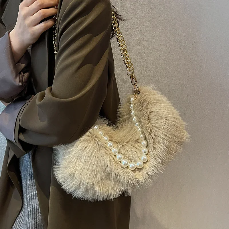 Retro Khaki Pink White Plush Handbags Classic Fashion Large Capacity Tote Bags Metal Pearl Chain Shoulder Bags Party For Women