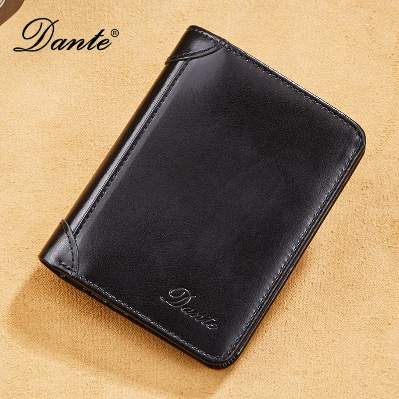 Men's Genuine Leather Oil Wax Top Layer Cowhide Anti Theft Vertical Short Wallet Card Holder