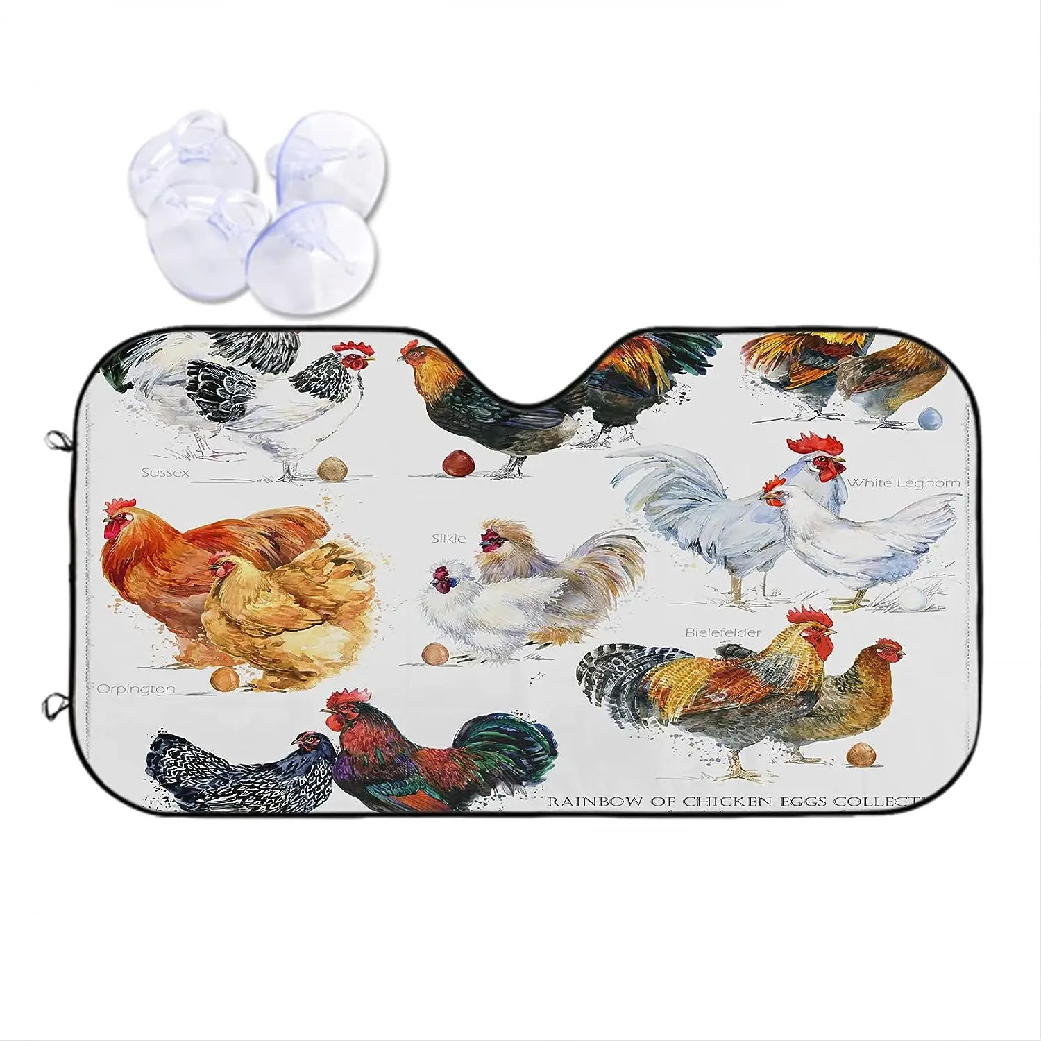 

Chicken Breed Collection Car Windshield Sunshade Hand Drawn Watercolor Farm Hen Rooster Sun Shield for Front Window Sunshades