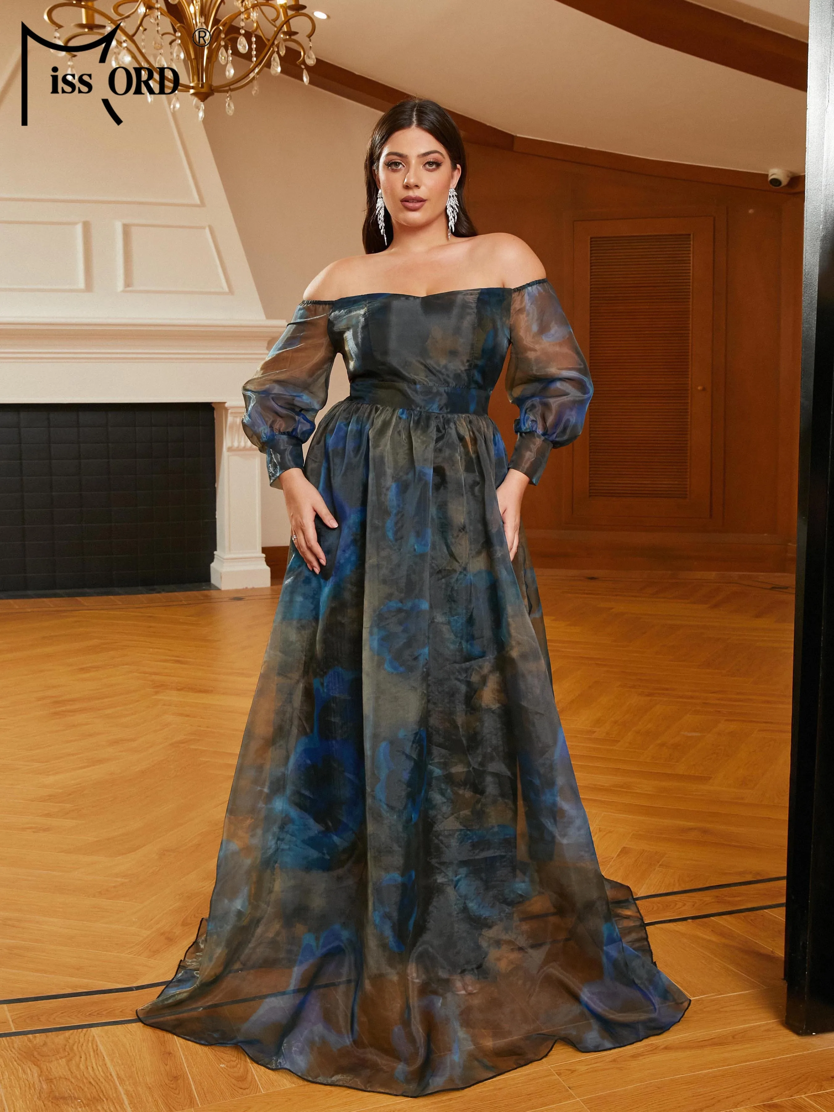 

Missord Elegant Tie Dye Plus Size Evening Dresses Women Off Shoulder Long Sleeve Loose A-line Party Dress Large Size Prom Gown