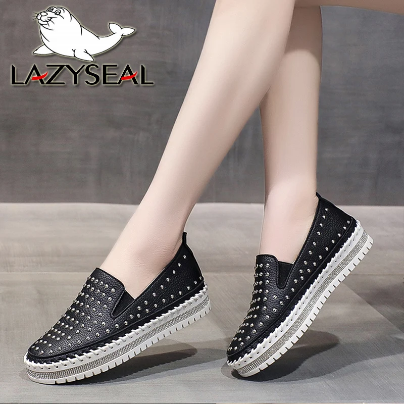 

LazySeal Rivet Women Flats Bling Spring Flat Heel Shoes Rhinestone Ladies Casual Shoe Round Toe 3CM Platform Shoes Big Size 44