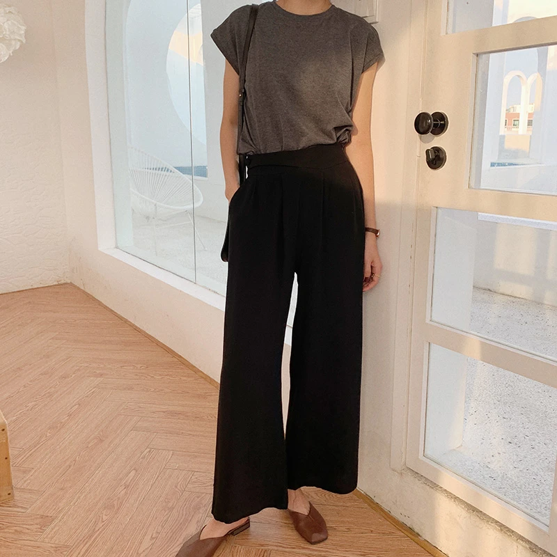 Korean Fashion Casual Wide Leg Pants Side Buttons Back Elastic Waist Simple and Comfortable Versatile Loose Women's Overalls capri jeans for women