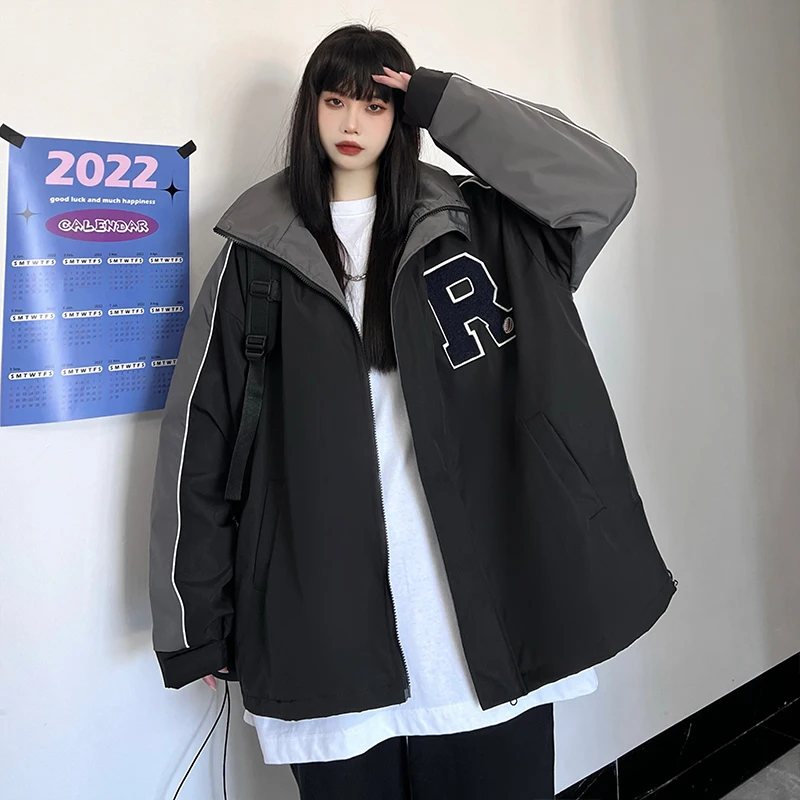 

2023 Spring and Autumn New Fashion Hooded Jacket Retro Color-blocking Embroidery Loose Coat Ins Free Fhipping