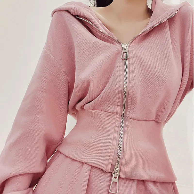 2023 Autumn Korean New Double Zipper Sweater Hoodie Set Loose Casual Fashion Wide Leg Pants Two Piece Set for Women