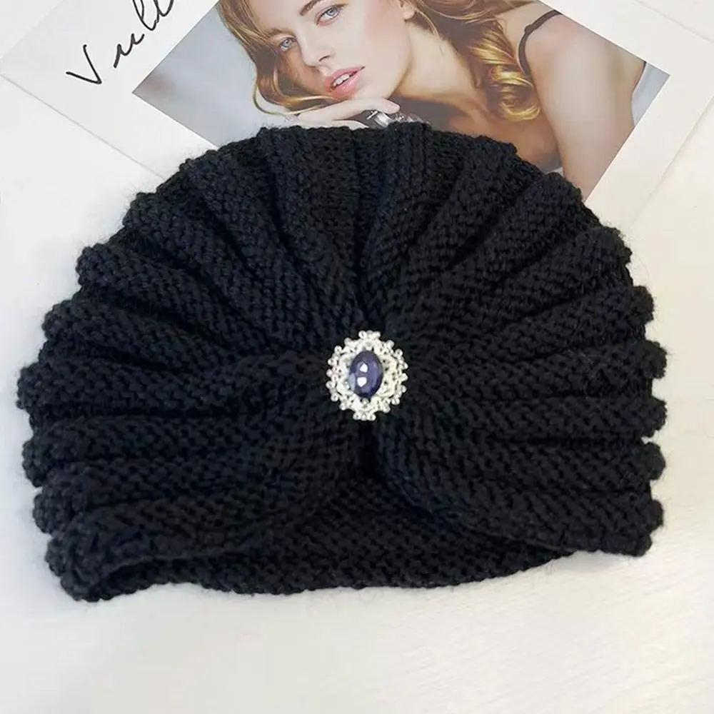Fashion Winter Warm Hijab Caps Thick Soft Bohemia Turban Diamond Jewelry Wool Knitting Knitted Hats for Women 4