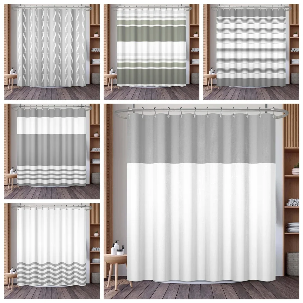 Shower Curtains Waffle Shower Curtains Modern Hotel Style Striped Geometric Pattern Bath Decor Waterproof Polyester Bathroom Curtain with Hooks