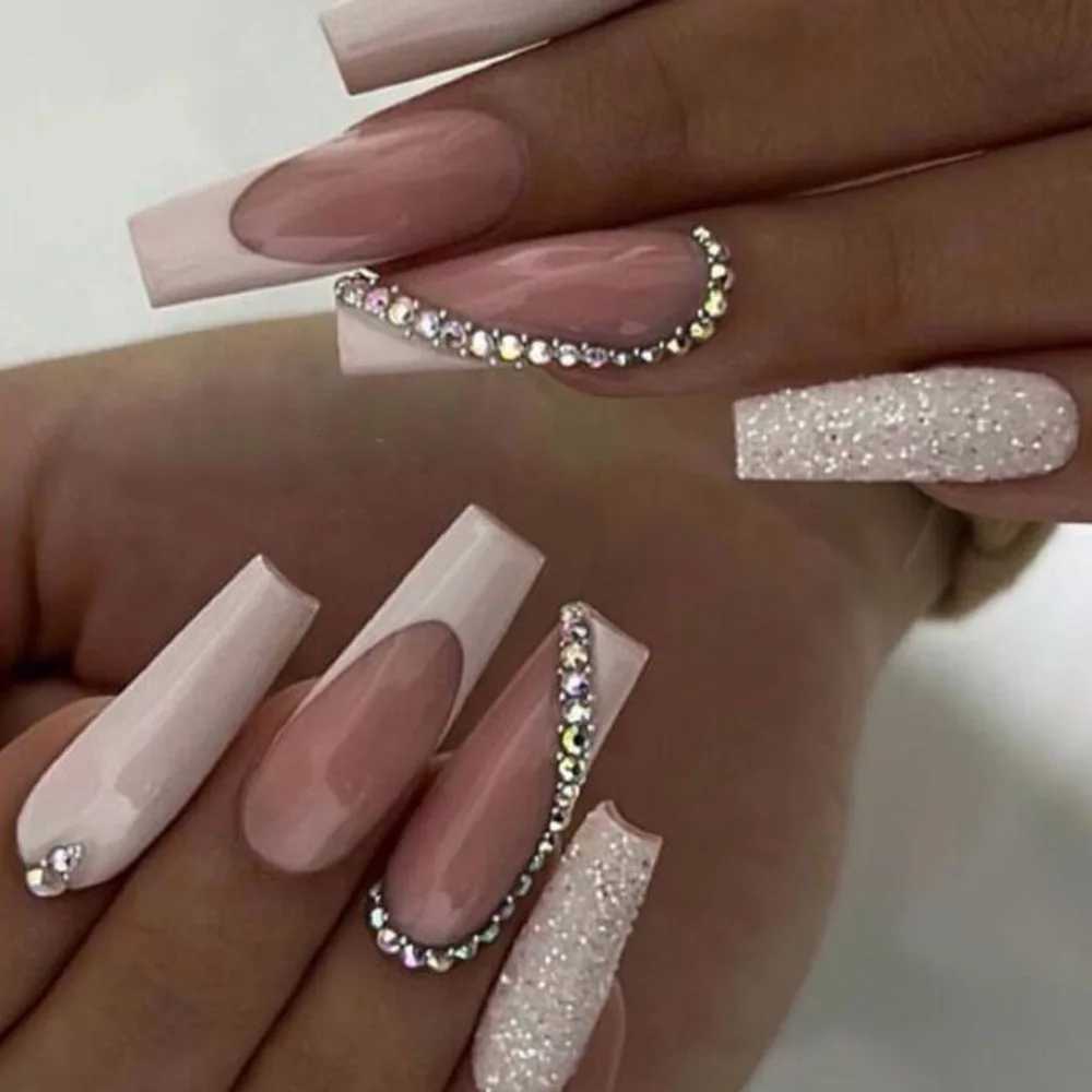 

3D fake nails accessories nude white long french coffin tips with glitter heart diamond designs faux ongles press on false nail