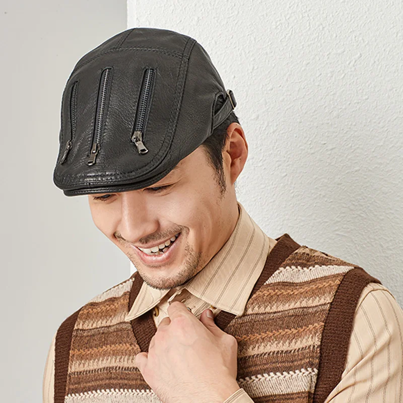 

Genuine Leather Windproof zipper Duckbill Berets Man Cap Cowhide Black Ear Warm Protection Casquette Hats For Male Drake Boina