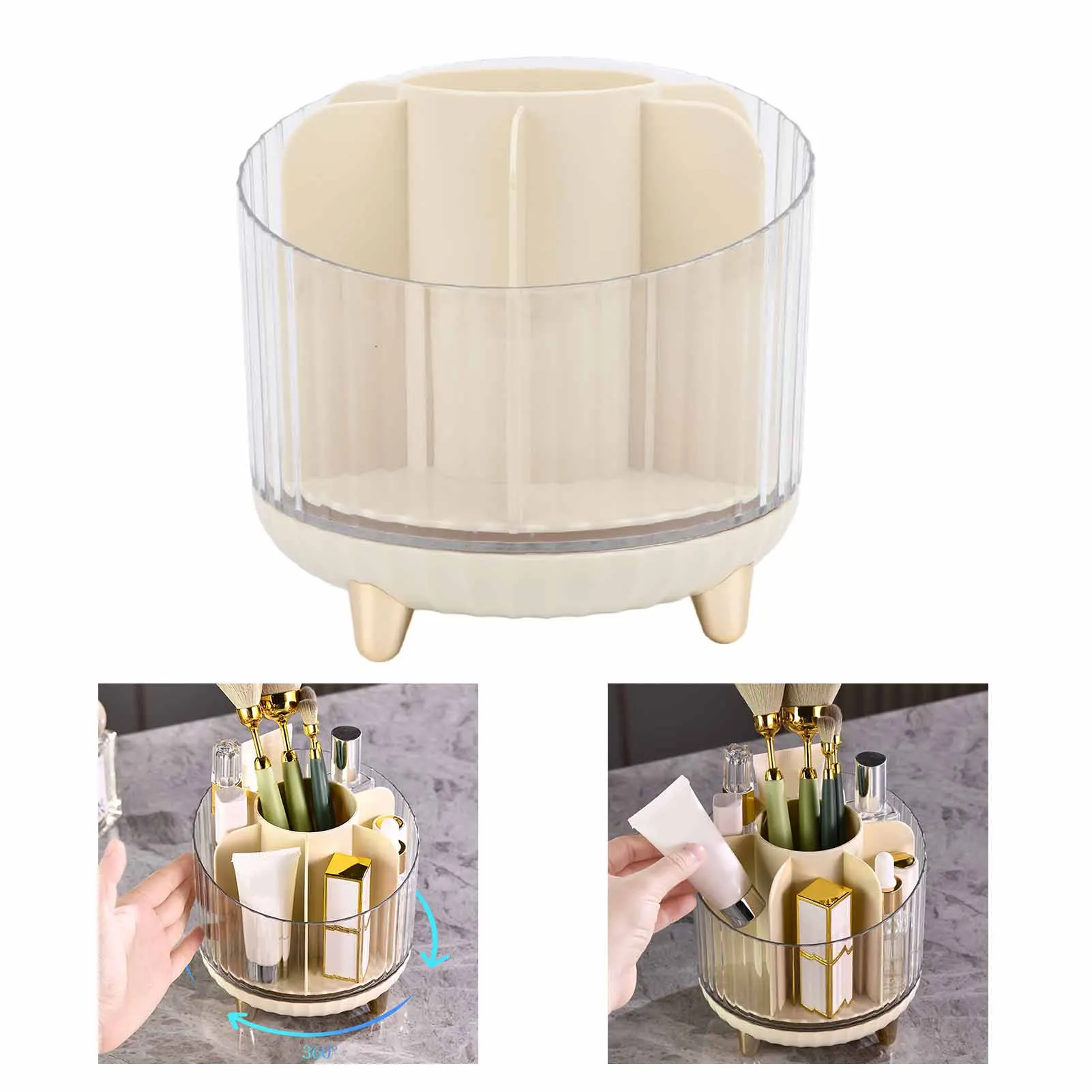

360 Degree Rotating Makeup Organizer Cream White 7 Grid Large Capacity Makeup Brush Organizer Compartment Divider for Bathroom