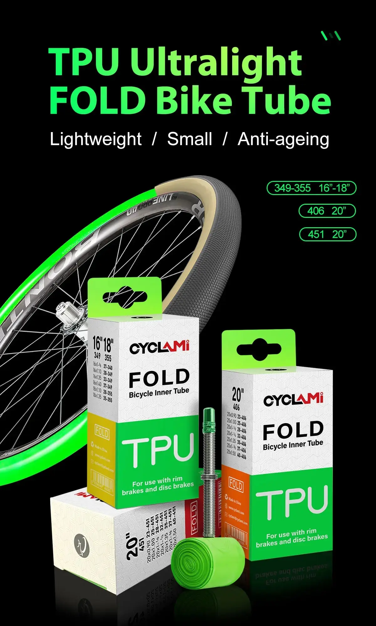 Description Picture 2 of itemCYCLAMI TPU Folding Bike Inner Tube FV 60mm 20" 406 451 16" 349 18" 355 0.9 1/1-8 1-3/8 1.35 1.5 1.4 1-1/4 Bicycle Tire Pneu