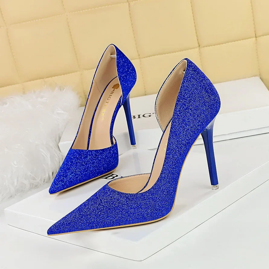 

Vintage stiletto heels Shallow cut pointed side cut sparkling sequin cloth high heeled women's single shoe