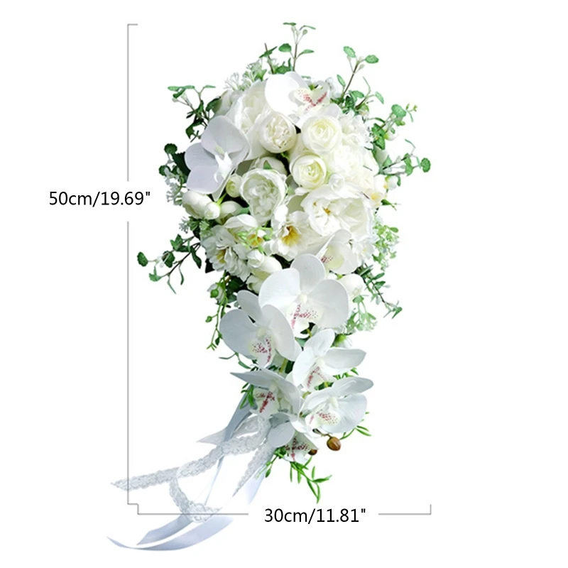 Weißer Kaskadierender Hochzeitsstrauß Aus Seidenblumen – Mit Salbeigrünen Blättern, Für Die Braut