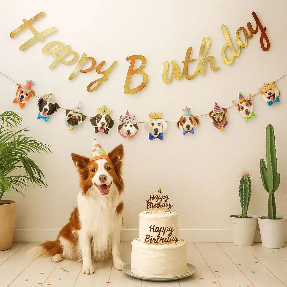 Cartoon Pattern Happy Birthday Banner Paper Cute Animal Pet Theme Banner DIY Decoration Lucky Hanging Flag