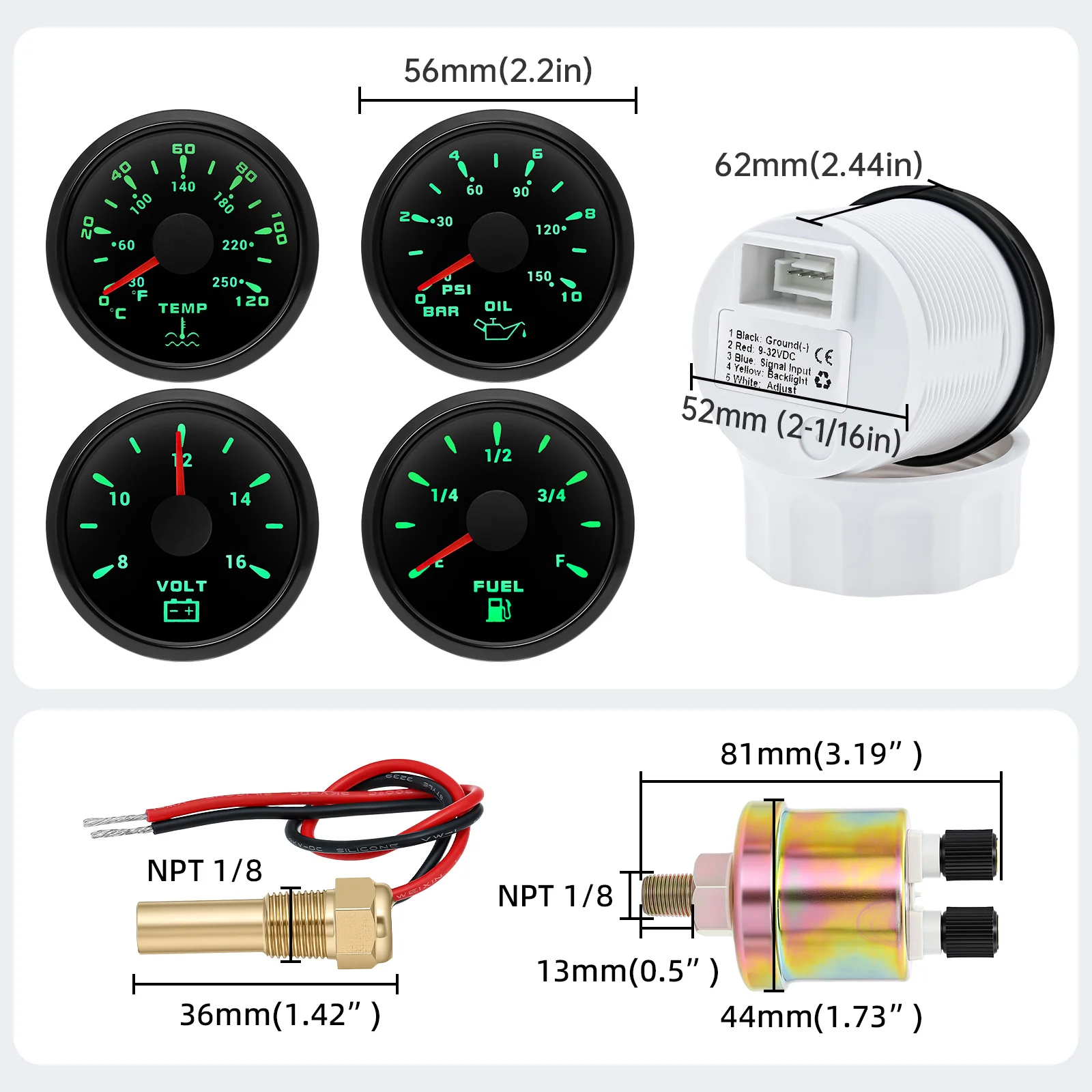 12V24V 겸용 52MM 4 게이지 키트 (2개 센서 포함) 수온 + 오일 압력 + 연료 레벨 + 전압계 (모든 차량 및 선박용)