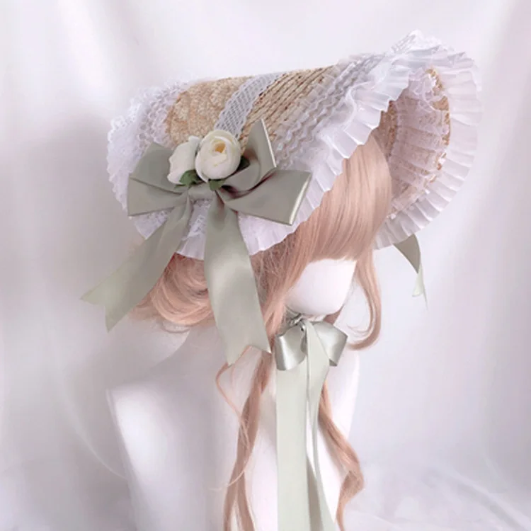 Fashion Pastoral Style Flat Top Cap Lace Flower Ribbon Straw Hat Lolita Hat Bonnet Cap French Hat All-match for Beach Vacation