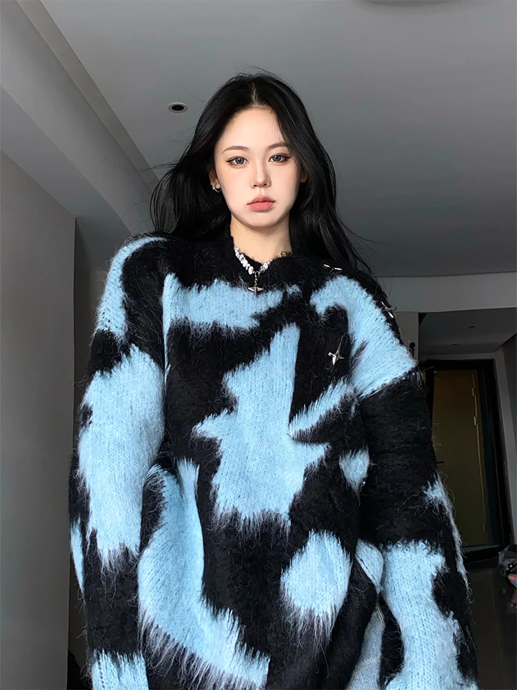 

Women Fashion Harajuku Y2k Loose Casual Jumper Tie Dye Sweater Warm Long Sleeve O-Neck Knitwear Oversize Streetwear BF Style New