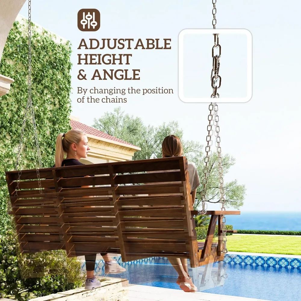 Upgraded Wooden Porch Swing 3-Seater, 5 FT Outdoor Patio Swing Bench with Cupholders, Hanging Chains, Swing Chair Bench 4