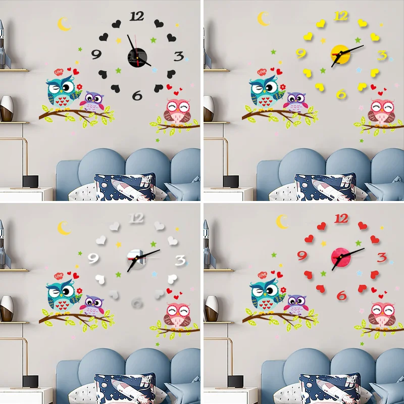 2022 Children'S Room 3D Diy Wall Clock Modern Home Decoration Owl Art Sticker Decal Acrylic Quartz Watch Living Wall Clocks