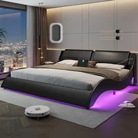 King Bed Frame with Charging Ports and Headboard King Size Platform Bed Frame with LED Lights Wave Like Curve King Led Bed 1