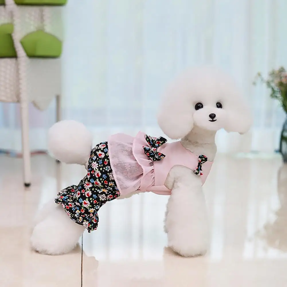 

Sweet Dog Jumpsuit Cotton Round Neck Ruffles Hem Floral Printed Pet Bowknot Summer Clothes Pet Supplies Pet Costumes