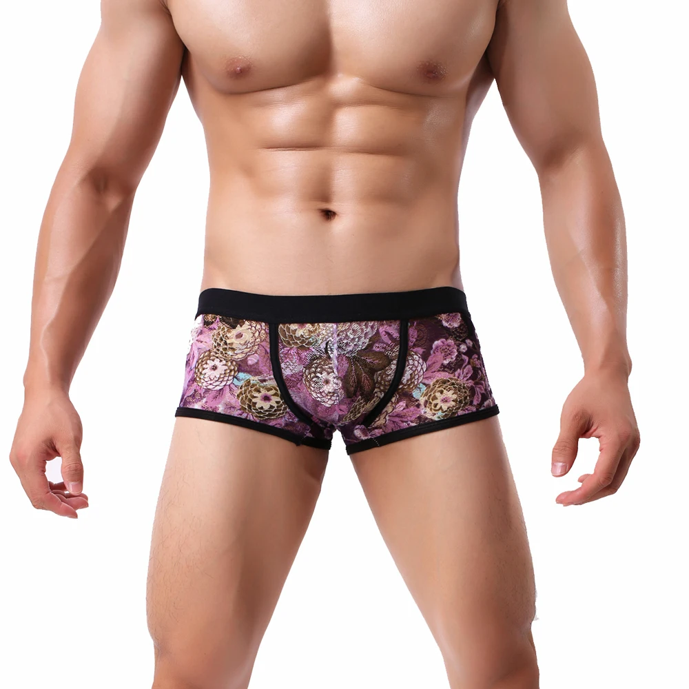 

Colorful Printed Men Sexy Boxer Shorts Underwear Lace Mesh Low Rise Gay Man Underpant Penis Pouch Cueca Boxer