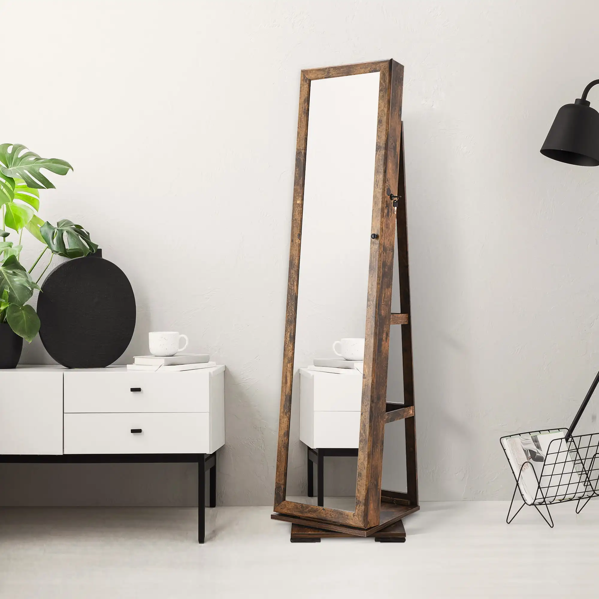

Modern 360 Spinning Lockable Jewelry Armoire with Free-Standing Mirror
