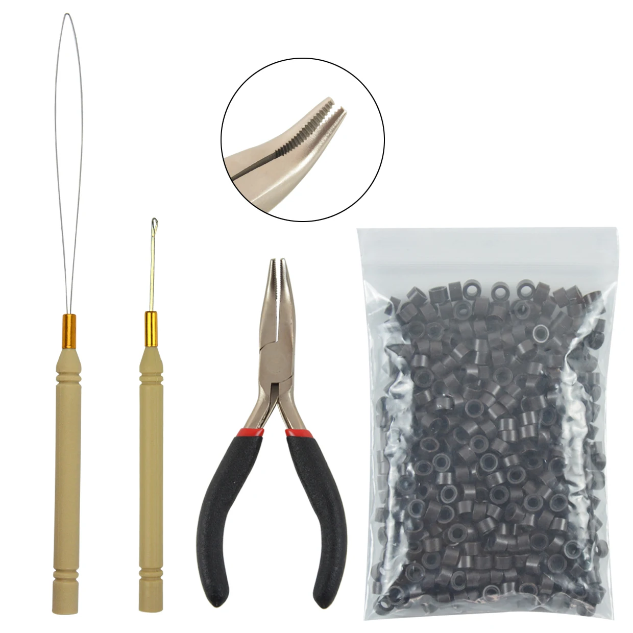 Hair Extensions Tool Kit : I-Tip Hair Pliers 500 Pieces 5.0mm Micro Silicone Hair Beads/Rings Pulling loop Threader Hook Needle