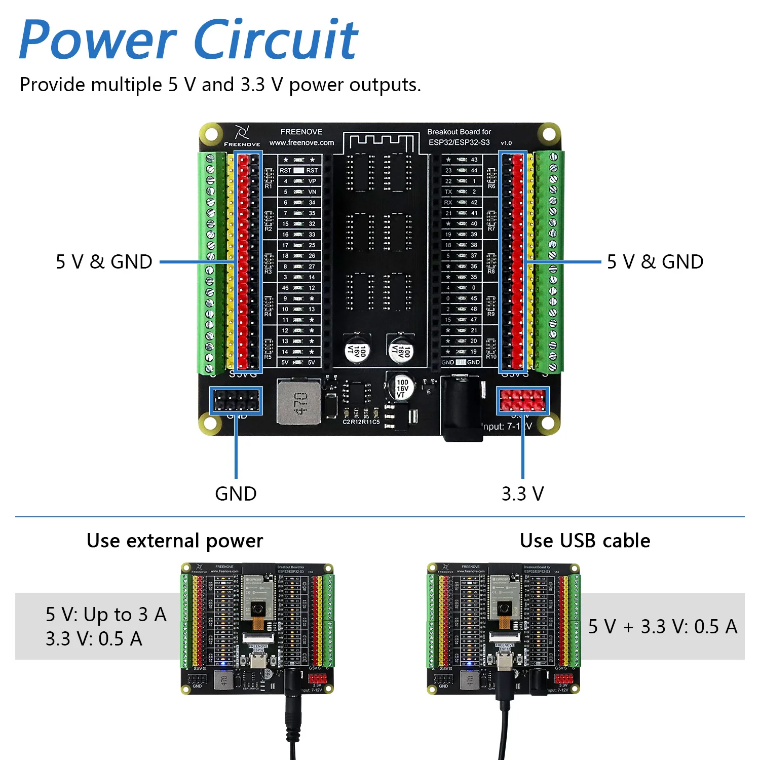 รูปสินค้า บอร์ดควบคุม ESP32 Freenove พร้อมไฟแสดงสถานะและช่องไฟ 5V/3.3V