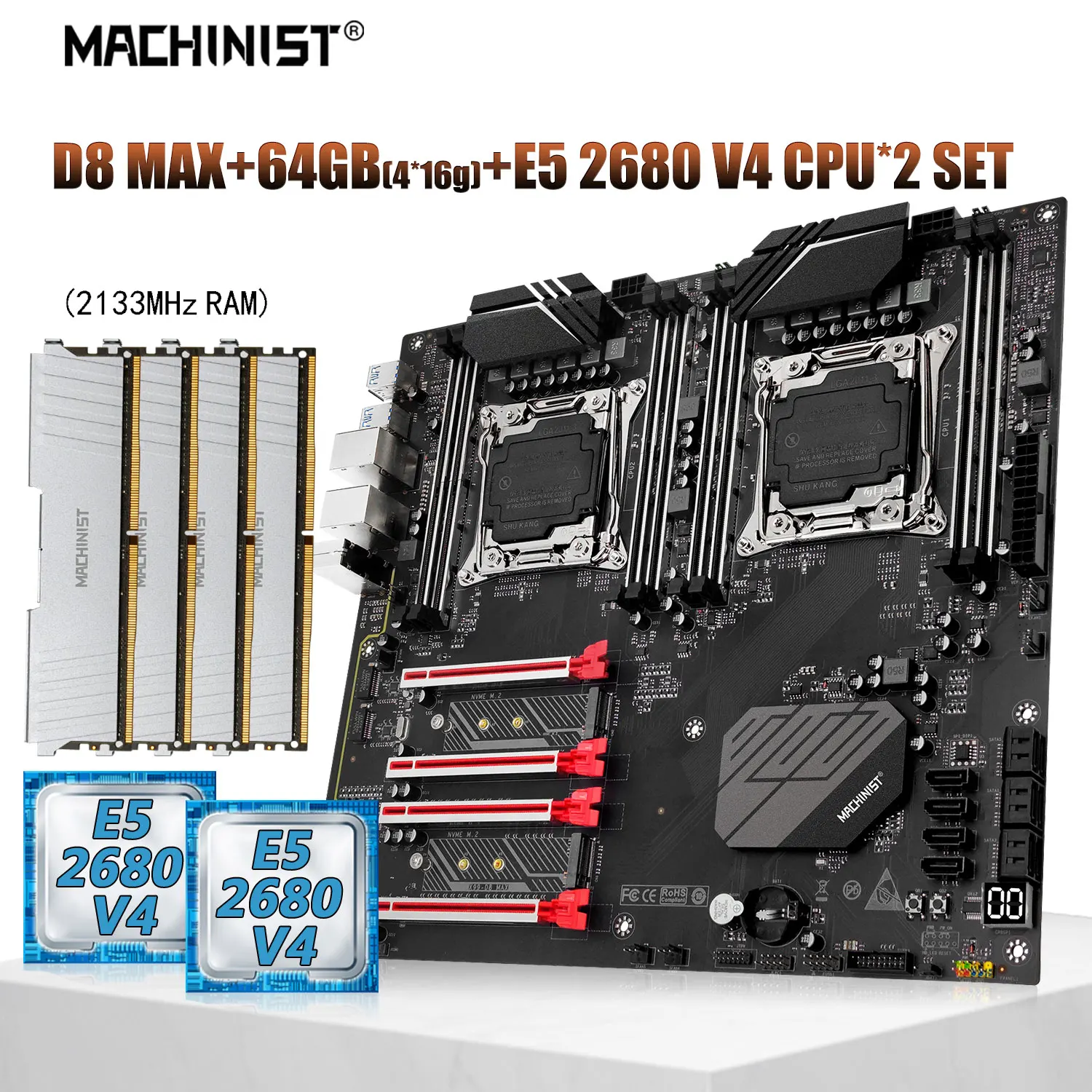 MACHINIST X99 Dual CPU Motherboard Combo LGA 20113 Kit Xeon E5 2680 V4 CPU*2 DDR4 4*16g=64GB