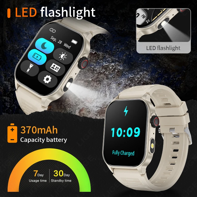 LIGE 2025 New Smart Watch LED Flashlight 2.01" HD Large Screen Bluetooth Call Heart Rate Blood Pressure Outdoor Smartwatch Men