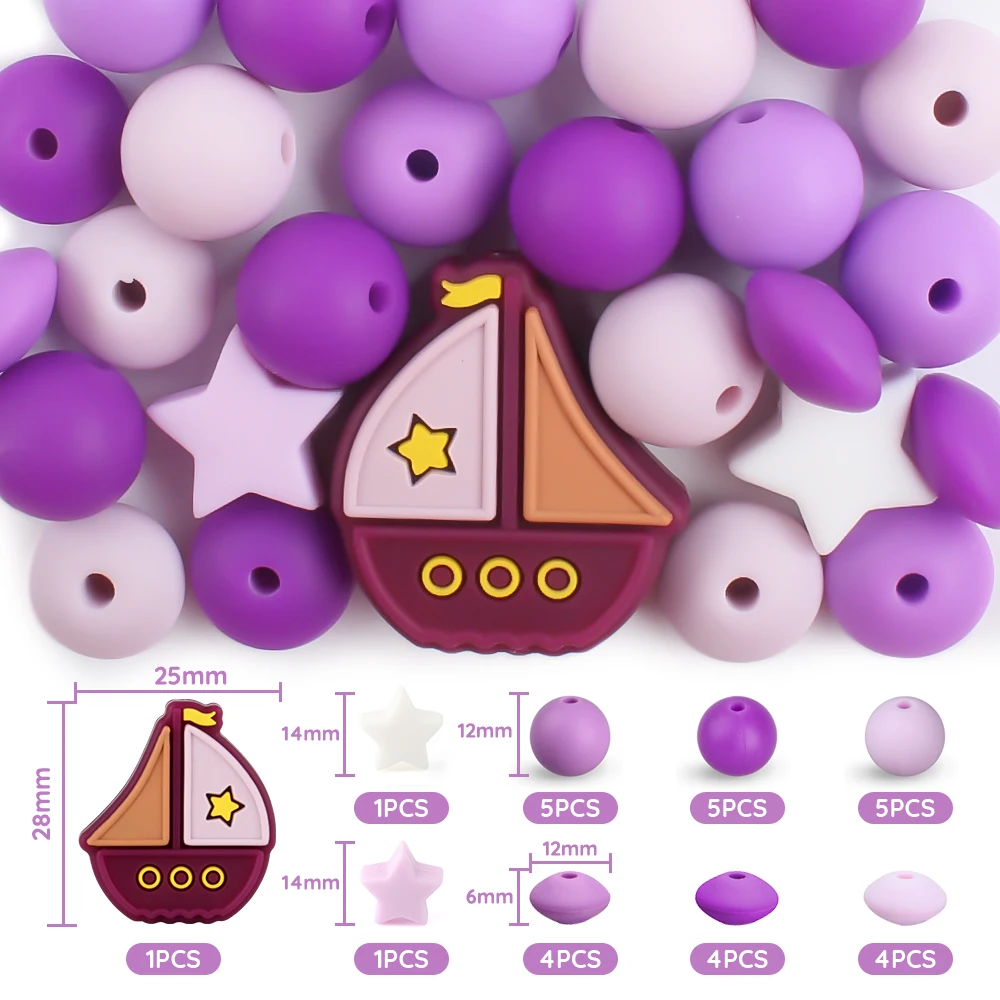 30Pcs/Set Silicone Beads Set Baby Cartoon Sailboat Star Round Shape Teething Beads Teether DIY Pacifier Clips Chian Accessories 2