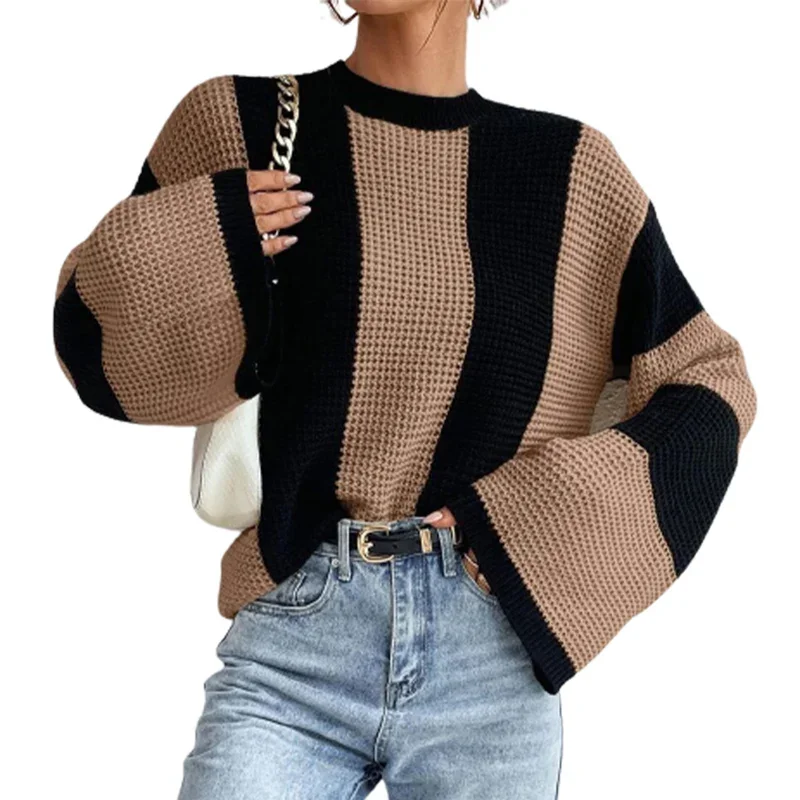 

Fashion Colour Blocking Striped Sweater Women Autumn Winter Warm O Neck Flared Long Sleeve Knitted Outerwear Female Chic Jumpers