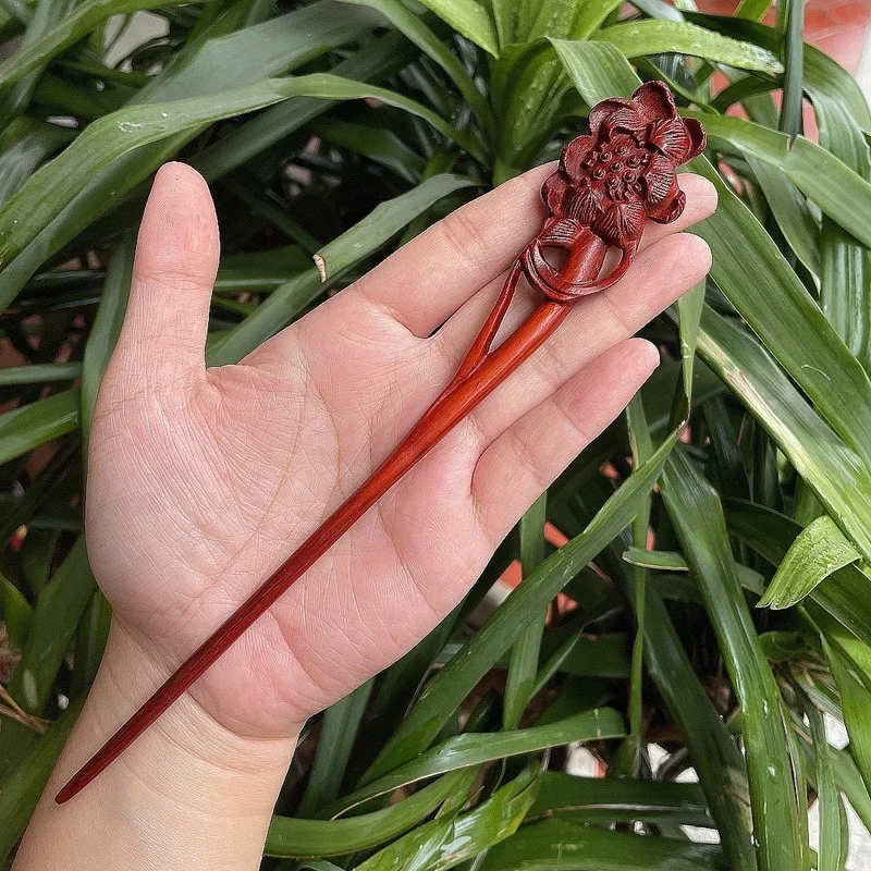 Red Sandalwood Wood Hair Sticks Magnolia Flower Wooden Hair Pins Carved Peony Headpiece Hair Jewelry Accessories