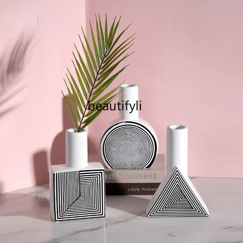 

yj Light Luxury Geometric Striped Ceramic Vase Decoration Modern Minimalist Nordic Dining Table Decorative Bottle