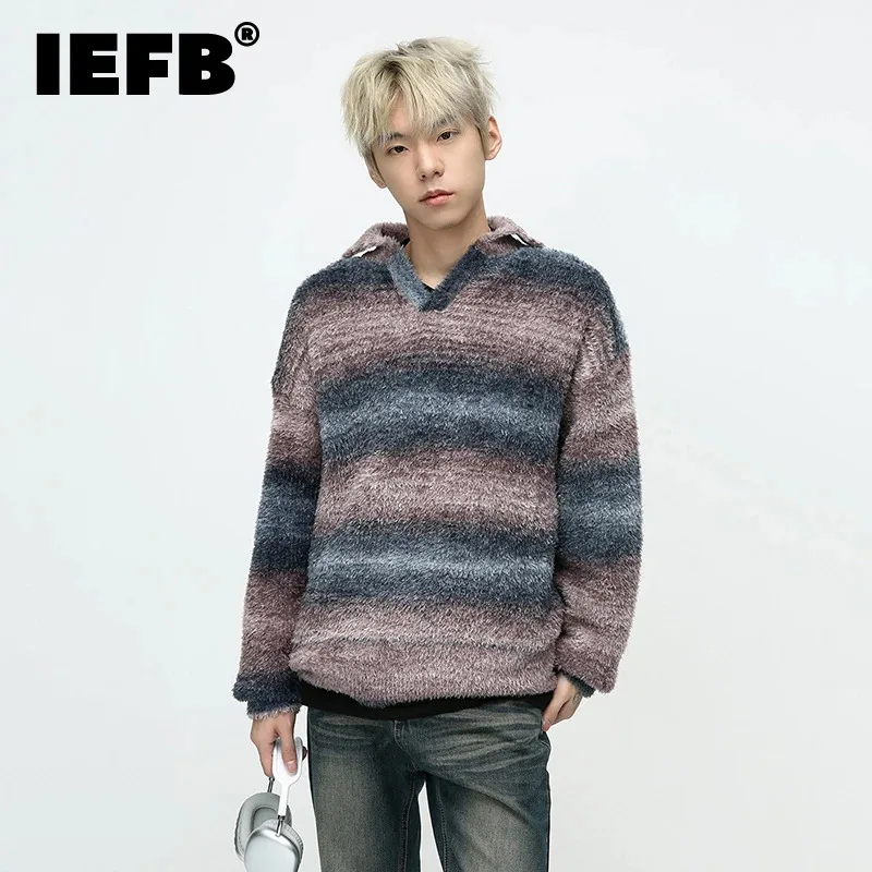 

IEFB Men's Laple Sweater Long Sleeve Striped Male Colorful Pullovers Trend Korean Style Fashion Woolen Tops Tide 2023 New 9C3328