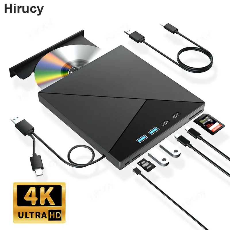 

7-in-1 External 4K Blu-ray Optical Drive BD CD DVD +/-RW Player Portable Bluray Burner with USB 3.0 Type-C SD TF Card Slots