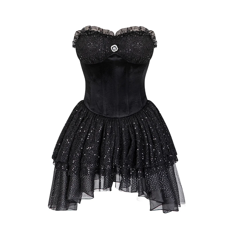■FANCY CLUB■ Lace shirring layered one-piece BLACK F25QD81 REDDACHiC Glitter Black Corset Cake Dress Women Lace