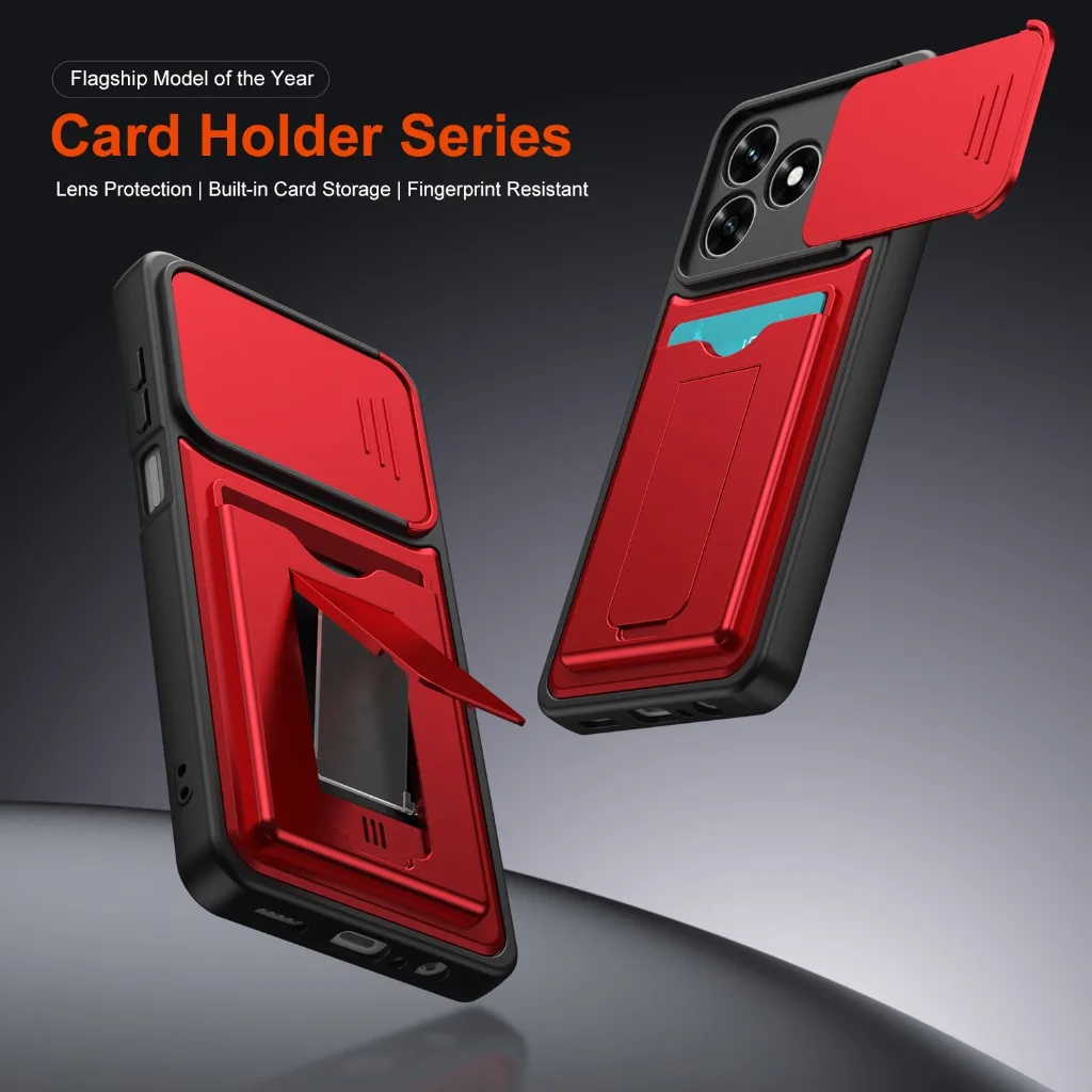 Slide Camera Cover Phone Case with Card Holder and Invisible Stand