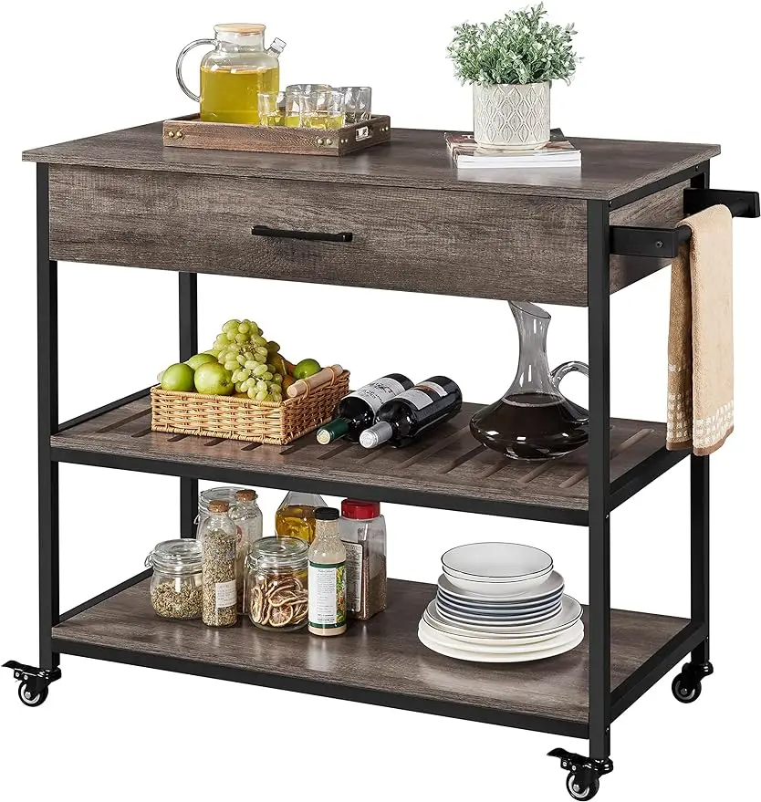 

Kitchen Island on Wheels, Rolling Kitchen Cart with Storage Drawer and Towel Rack,Utility Shelf Microwave Stand Cart with Wheels