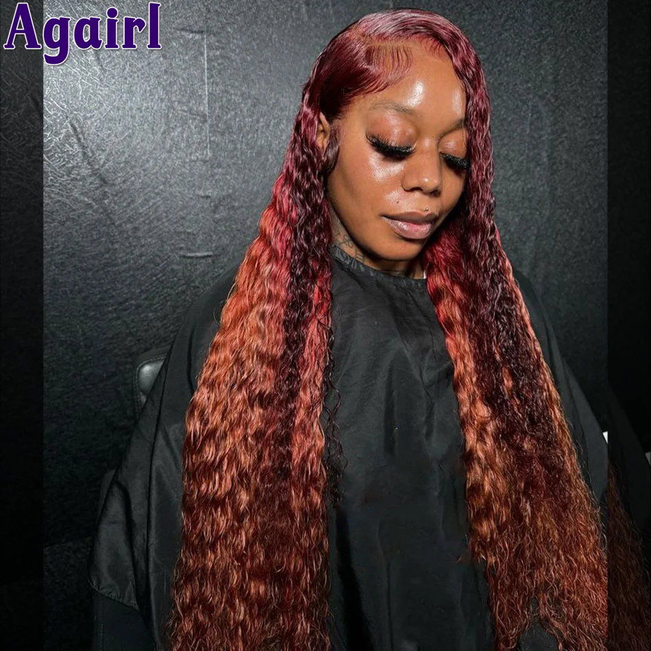 

34" Rose Pink Red 99J Highlight Glueless Water Wave Human Hair Wigs Ready To Wear 13X6 13x4 Curly Lace Front Wigs For Women 200%