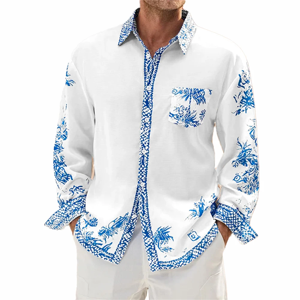 

Mens Print Long Sleeve Loose Contrasting Blouse Button Down Shirts Party T Dress Up Blue And White Porcelain Casual Men's Shirt