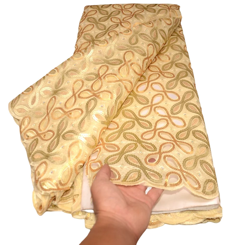

(5yards/pc)Unique New Handcut African double organza lace fabric in gold sequins embroidery for party dress