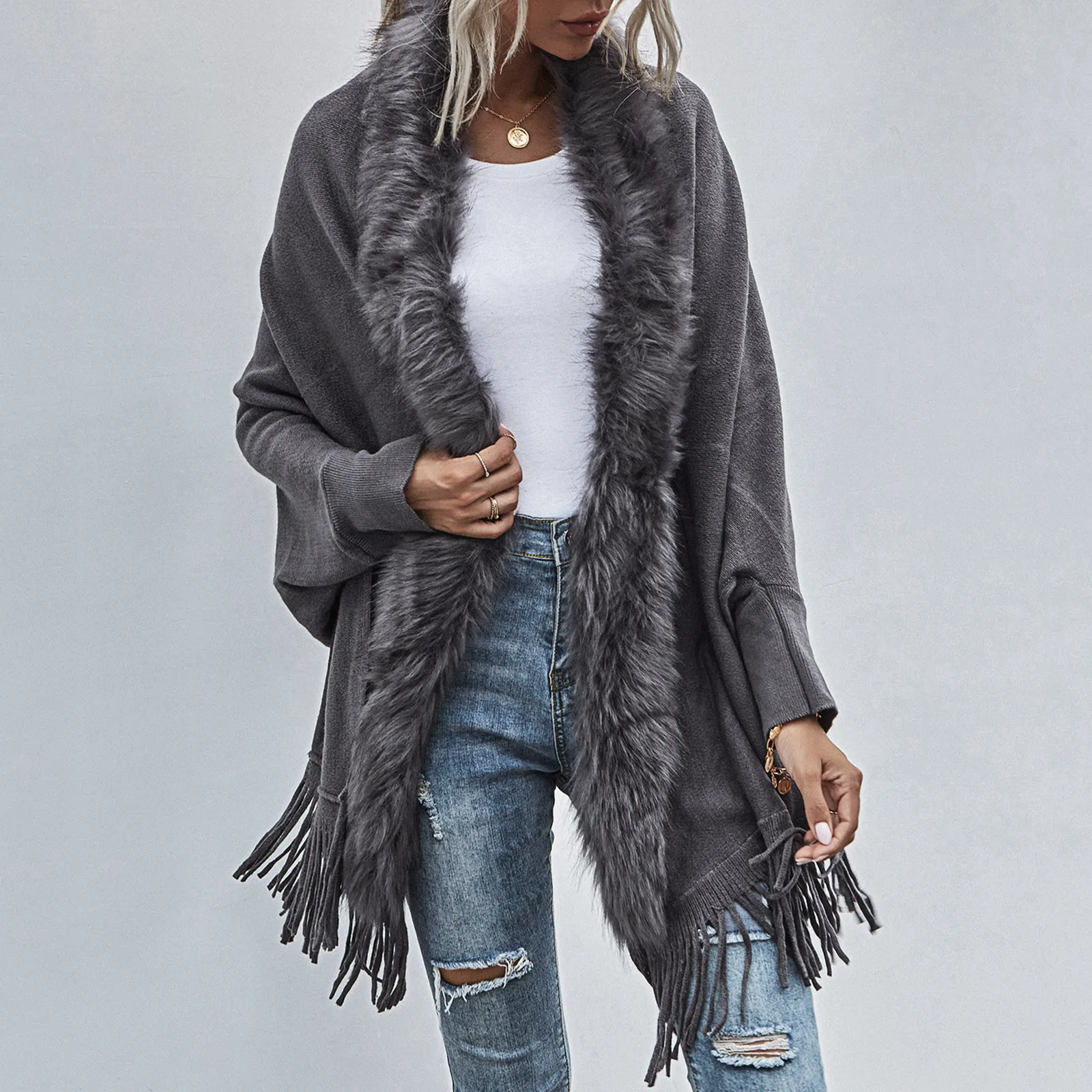Faux Fur Collar Cardigan Poncho Tassel Trim Layered Knitted Cape Solid Sweater Coat Women Casual Loose Shawl Mid Length Jacket