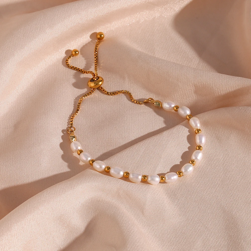 

100% Real Natural Oval Shape Freshwater Pearl Beaded Bracelet For Women High Quality 18K Gold Plated Waterproof Bracelet Jewelry